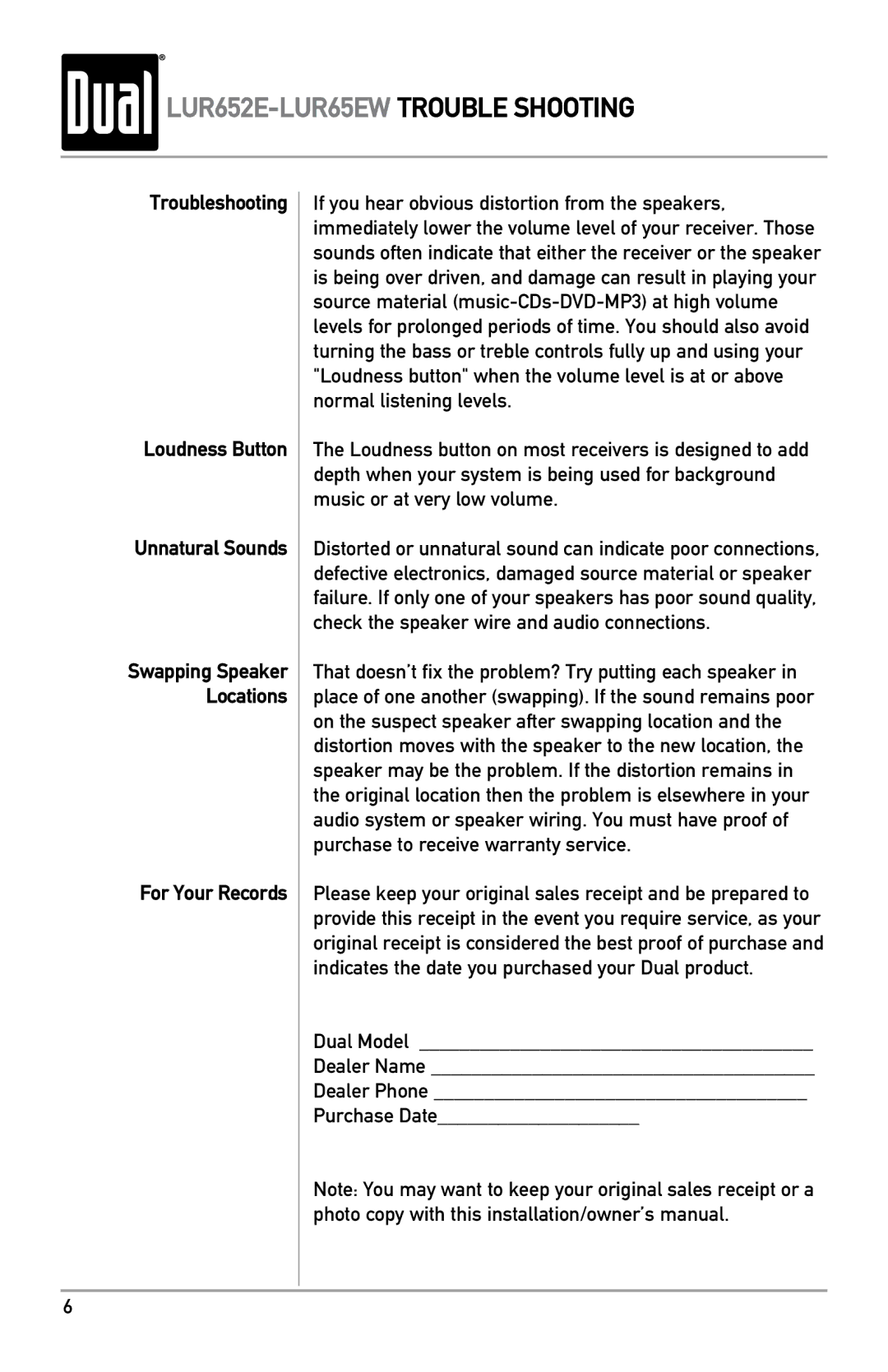 Dual owner manual LUR652E-LUR65EW TROUBLE SHOOTING, For Your Records 